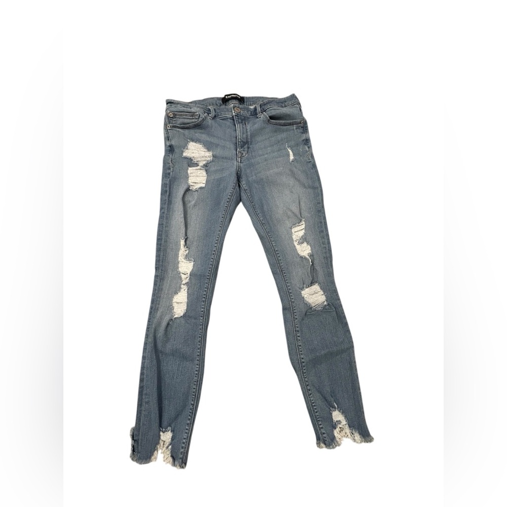 Express Women’s Performance Mid Rise Ankle Leggings Distressed Blue Jeans 10R